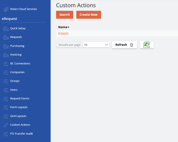 Custom Actions page